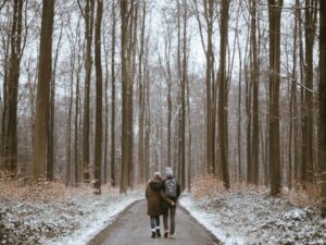 Winter Hiking: A couple walks along a paved walkway in a wooded park near Lake Michigan.