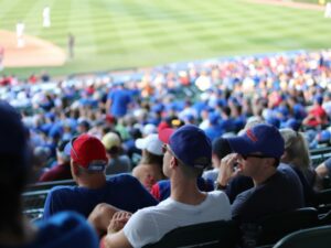 South Bend Cubs: A pair of baseball fans chat during a game.