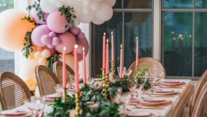 Michigan Beach Vacation: An elegant dining table decorated with white and pink balloons and pink candles.
