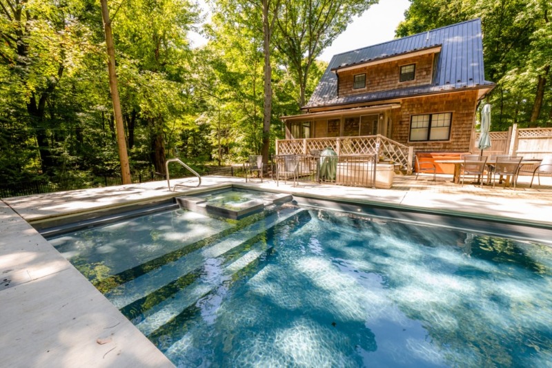 Poolside view of Sunset Shores vacation rental in Harbert, MI.